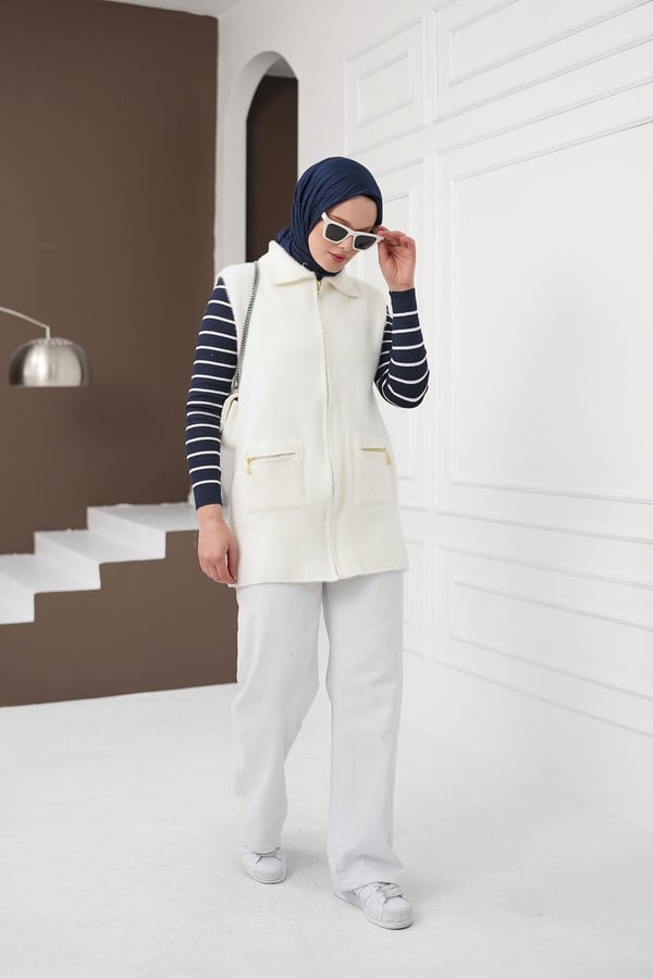 Fermuarlı Cepli Yumoş Yelek - Beyaz kadın giyim ürün görseli Arzestore