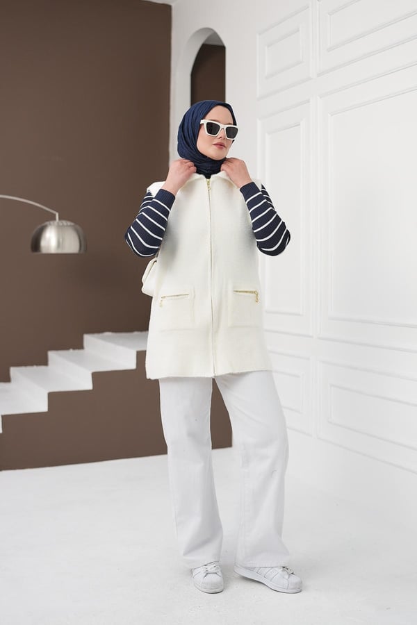 Fermuarlı Cepli Yumoş Yelek - Beyaz kadın giyim ürün görseli Arzestore
