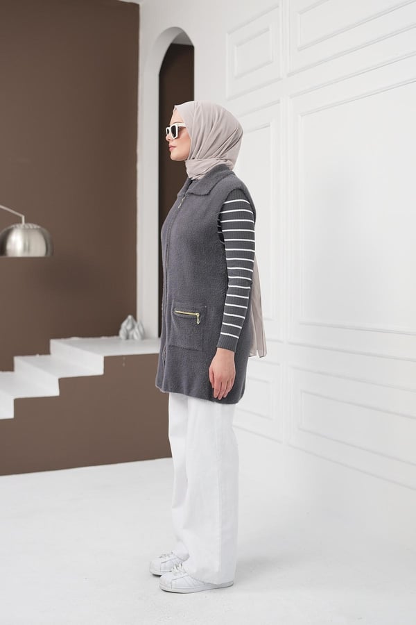 Fermuarlı Cepli Yumoş Yelek - Gri kadın giyim ürün görseli Arzestore