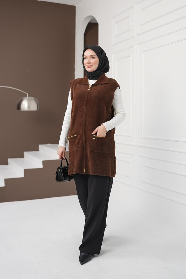 Fermuarlı Cepli Yumoş Yelek - Kahverengi kadın giyim ürün görseli Arzestore