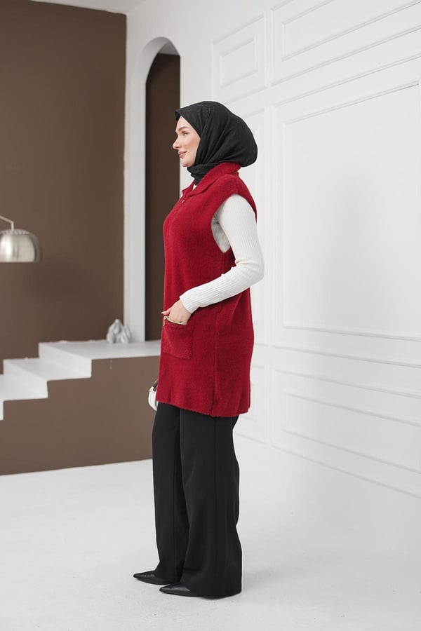 Fermuarlı Cepli Yumoş Yelek - Kırmızı kadın giyim ürün görseli Arzestore