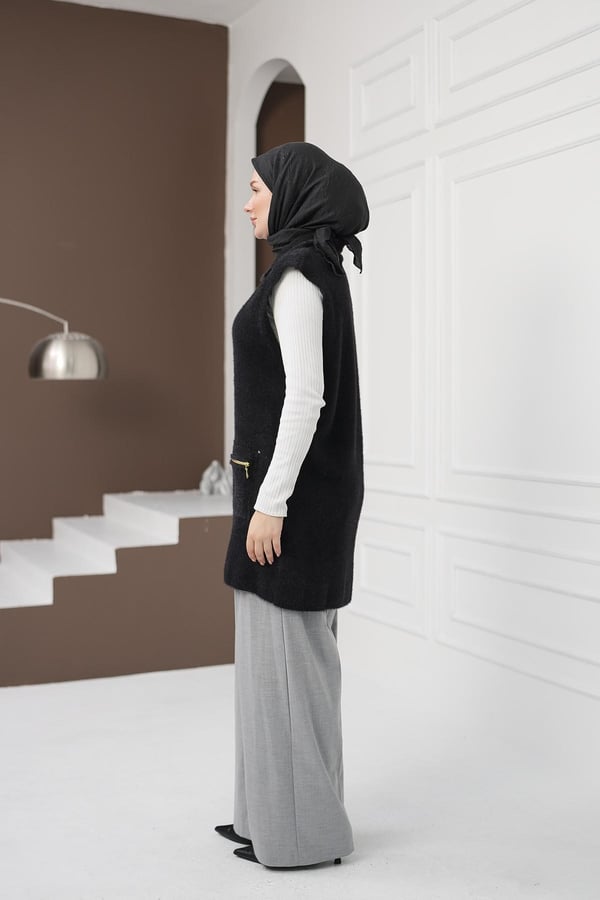 Fermuarlı Cepli Yumoş Yelek - Siyah kadın giyim ürün görseli Arzestore
