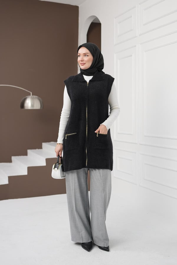 Fermuarlı Cepli Yumoş Yelek - Siyah kadın giyim ürün görseli Arzestore