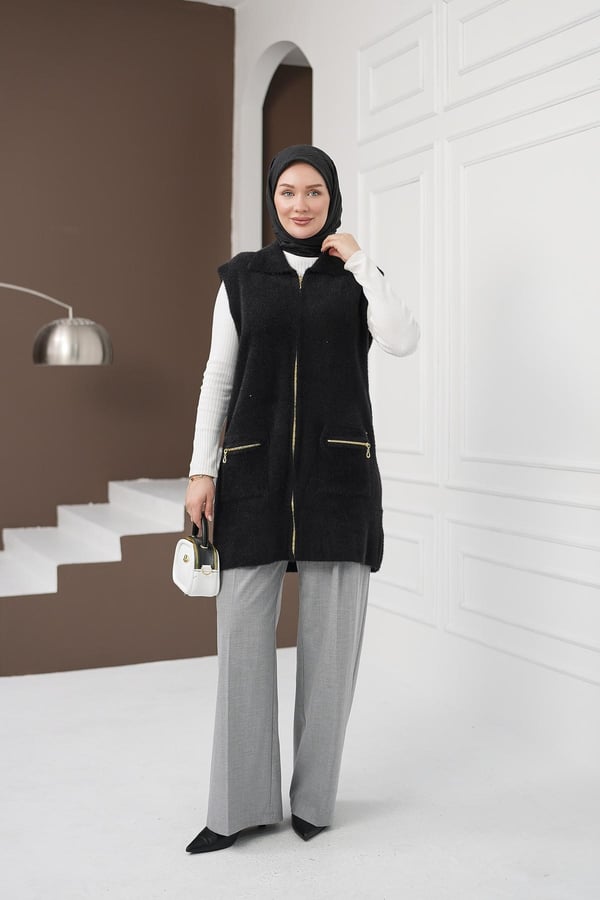 Fermuarlı Cepli Yumoş Yelek - Siyah kadın giyim ürün görseli Arzestore