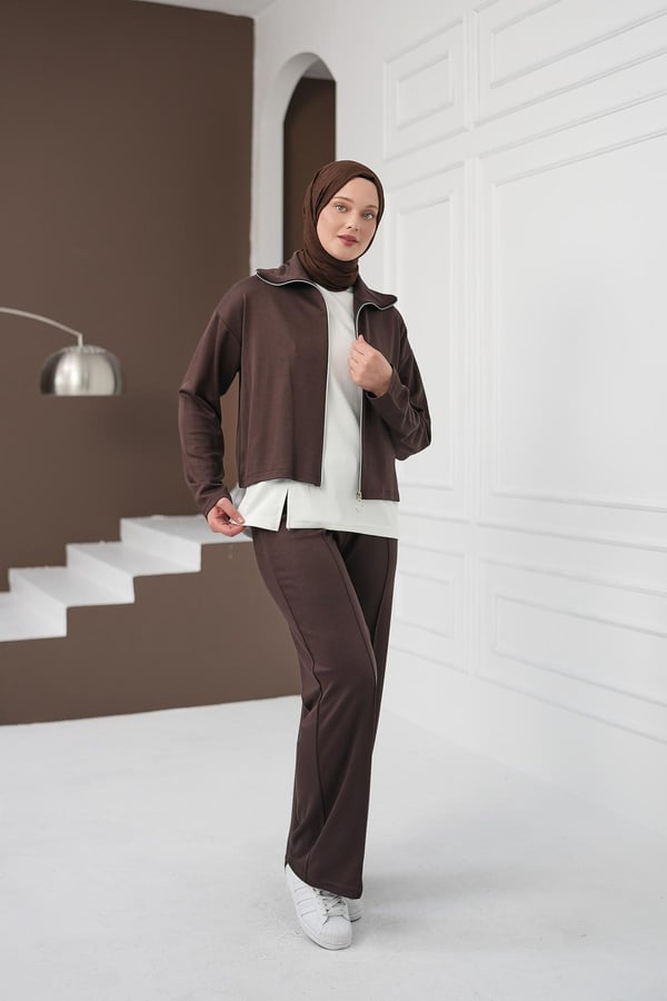 Fermuarlı Üçlü Pantolon Takım - Kahverengi kadın giyim ürün görseli Arzestore