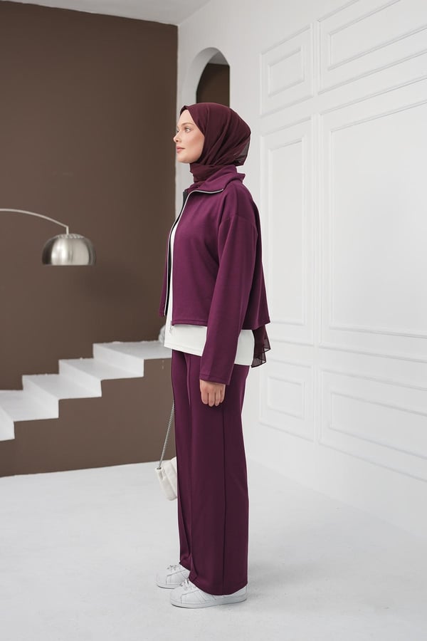 Fermuarlı Üçlü Pantolon Takım - Mürdüm kadın giyim ürün görseli Arzestore