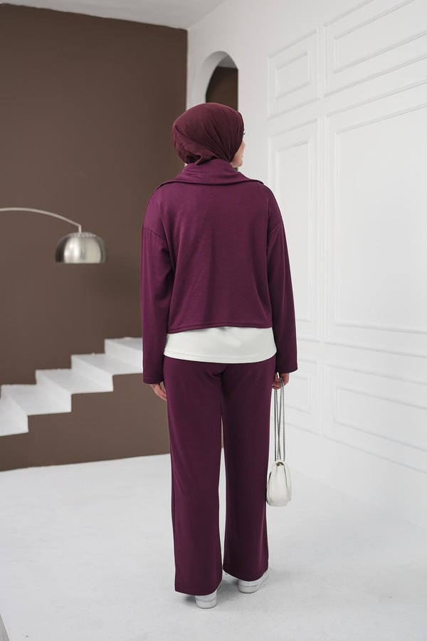Fermuarlı Üçlü Pantolon Takım - Mürdüm kadın giyim ürün görseli Arzestore