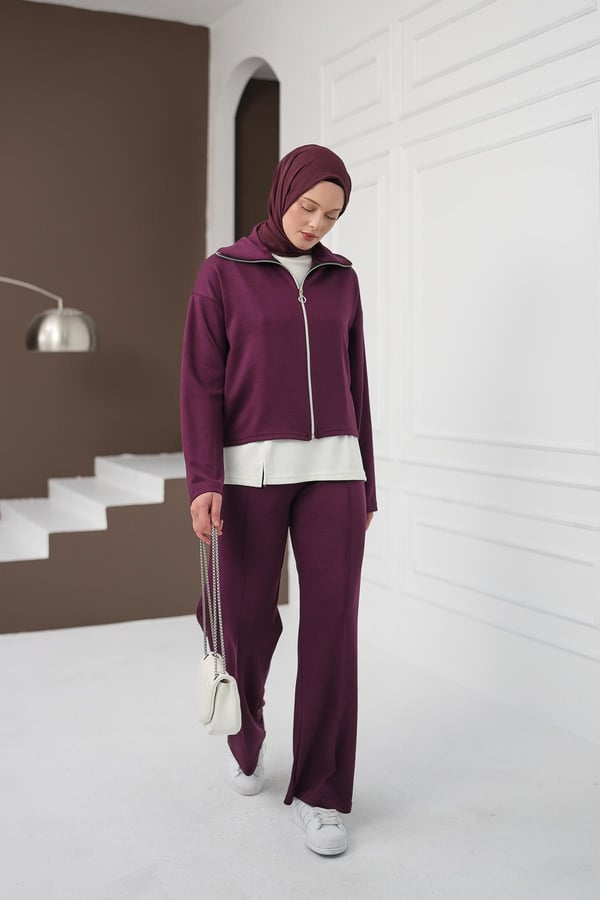 Fermuarlı Üçlü Pantolon Takım - Mürdüm kadın giyim ürün görseli Arzestore