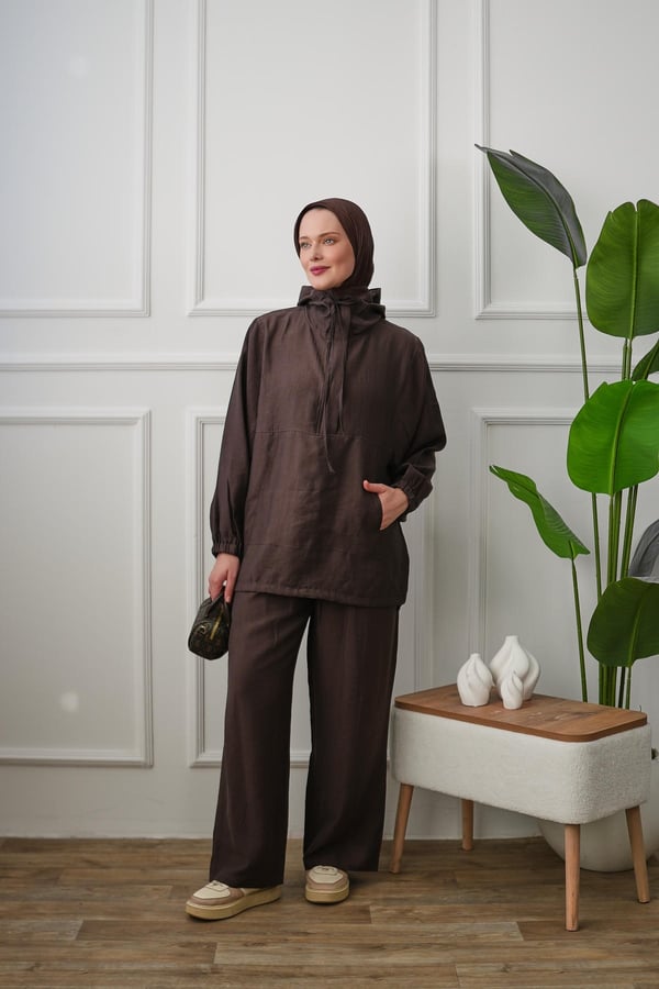Gizli Patlı Pantolonlu Takım - Kahverengi kadın giyim ürün görseli Arzestore