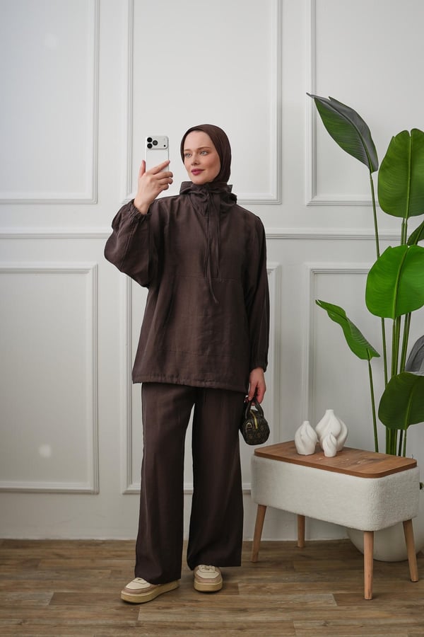 Gizli Patlı Pantolonlu Takım - Kahverengi kadın giyim ürün görseli Arzestore