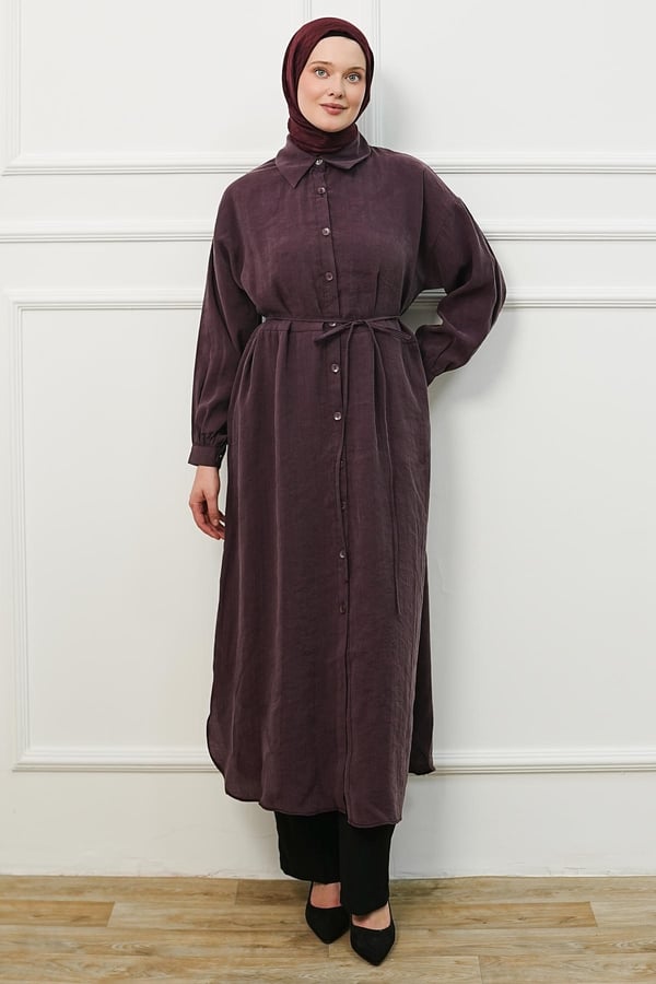 Gömlek Yaka Kuşaklı Uzun Tunik- Mürdüm kadın giyim ürün görseli Arzestore