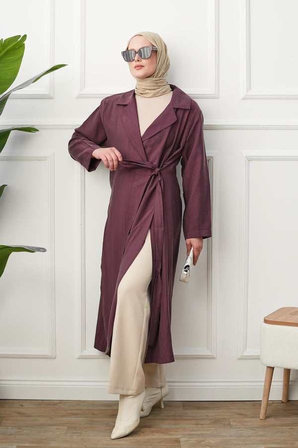 Gömlek Yaka Yırtmaçlı Kimono Kap - Bordo kadın giyim ürün görseli Arzestore