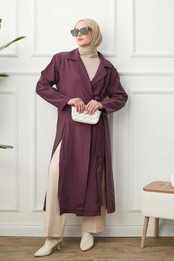 Gömlek Yaka Yırtmaçlı Kimono Kap - Bordo kadın giyim ürün görseli Arzestore