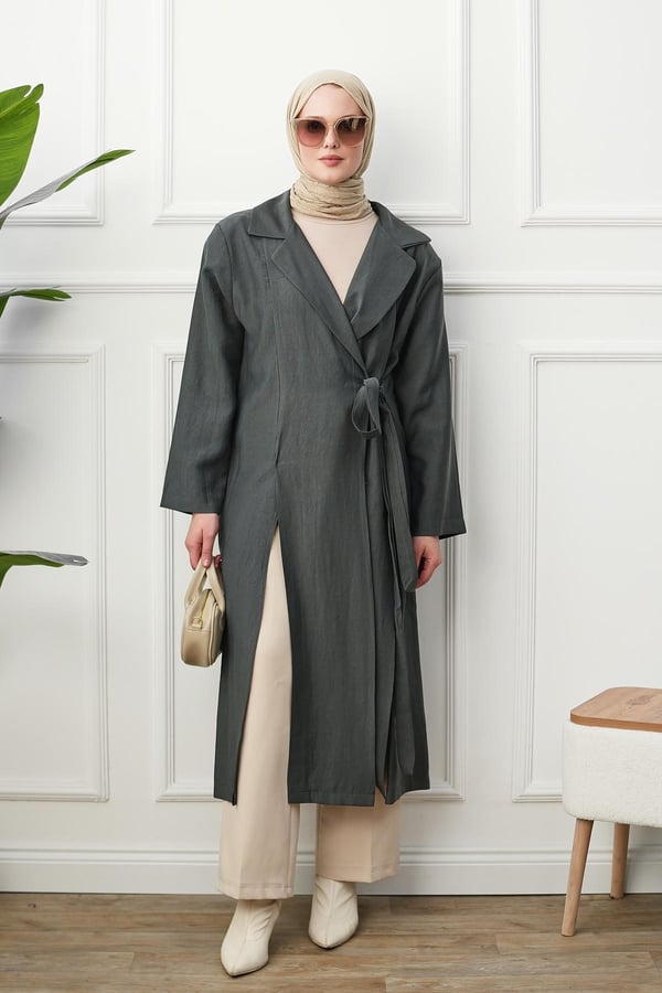 Gömlek Yaka Yırtmaçlı Kimono Kap - Gri kadın giyim ürün görseli Arzestore