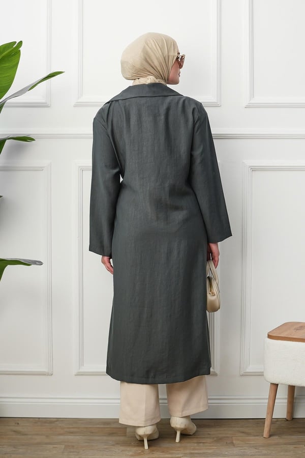 Gömlek Yaka Yırtmaçlı Kimono Kap - Gri kadın giyim ürün görseli Arzestore