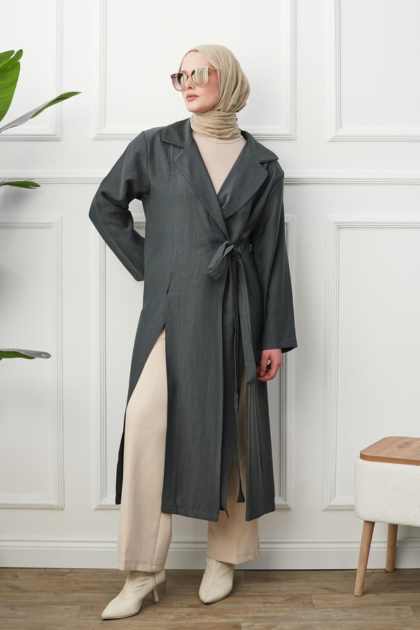 Gömlek Yaka Yırtmaçlı Kimono Kap - Gri kadın giyim ürün görseli Arzestore