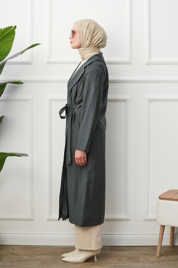 Gömlek Yaka Yırtmaçlı Kimono Kap - Gri kadın giyim ürün görseli Arzestore