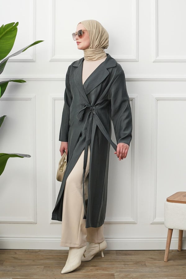 Gömlek Yaka Yırtmaçlı Kimono Kap - Gri kadın giyim ürün görseli Arzestore