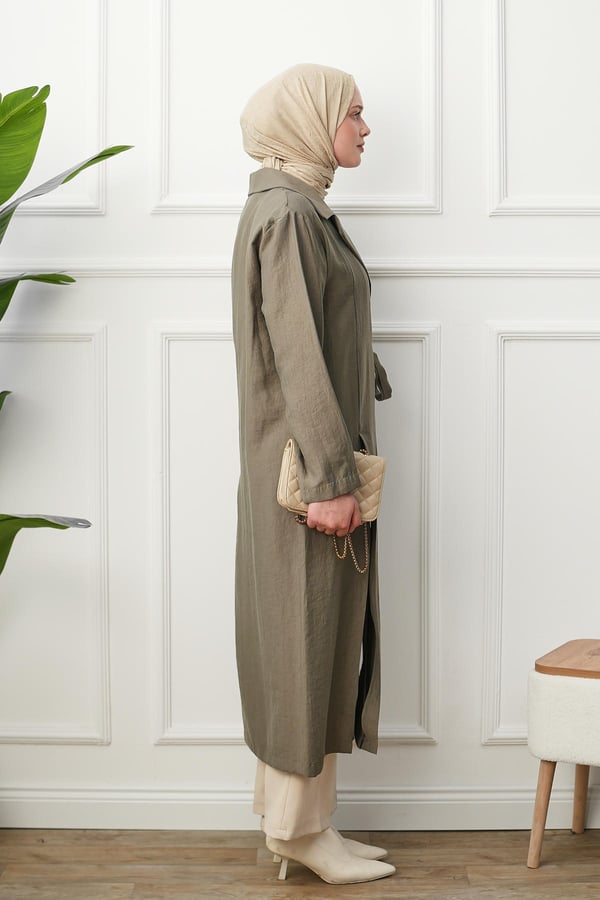 Gömlek Yaka Yırtmaçlı Kimono Kap - Haki kadın giyim ürün görseli Arzestore