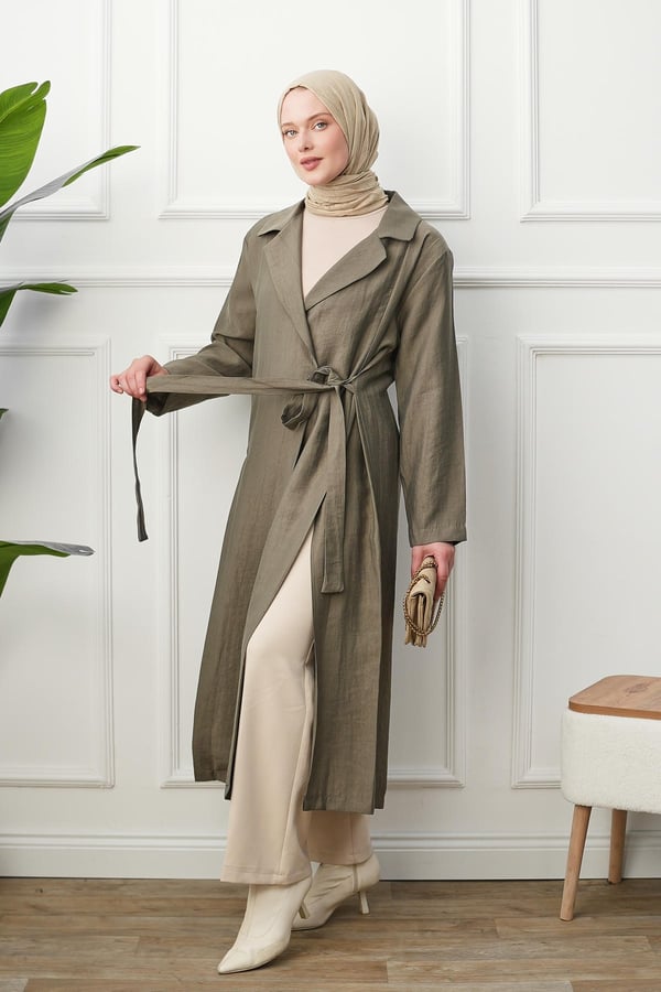 Gömlek Yaka Yırtmaçlı Kimono Kap - Haki kadın giyim ürün görseli Arzestore