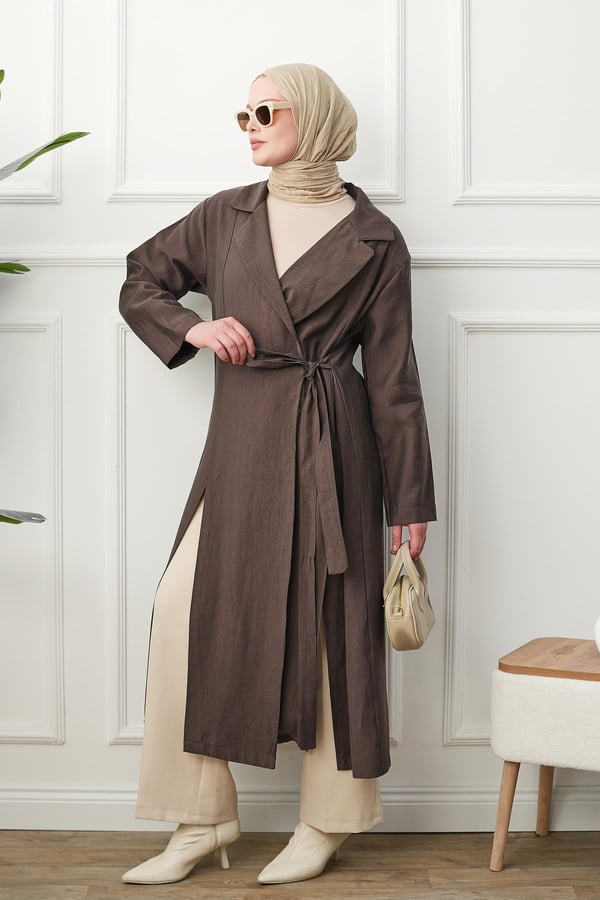 Gömlek Yaka Yırtmaçlı Kimono Kap - Kahverengi kadın giyim ürün görseli Arzestore