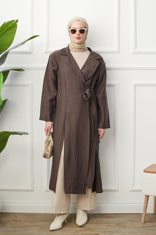 Gömlek Yaka Yırtmaçlı Kimono Kap - Kahverengi kadın giyim ürün görseli Arzestore