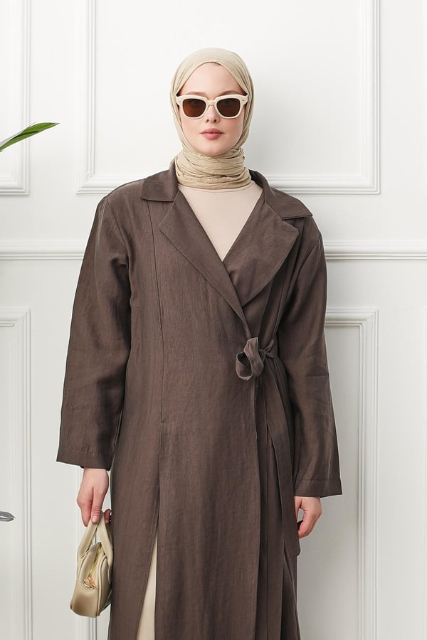 Gömlek Yaka Yırtmaçlı Kimono Kap - Kahverengi kadın giyim ürün görseli Arzestore