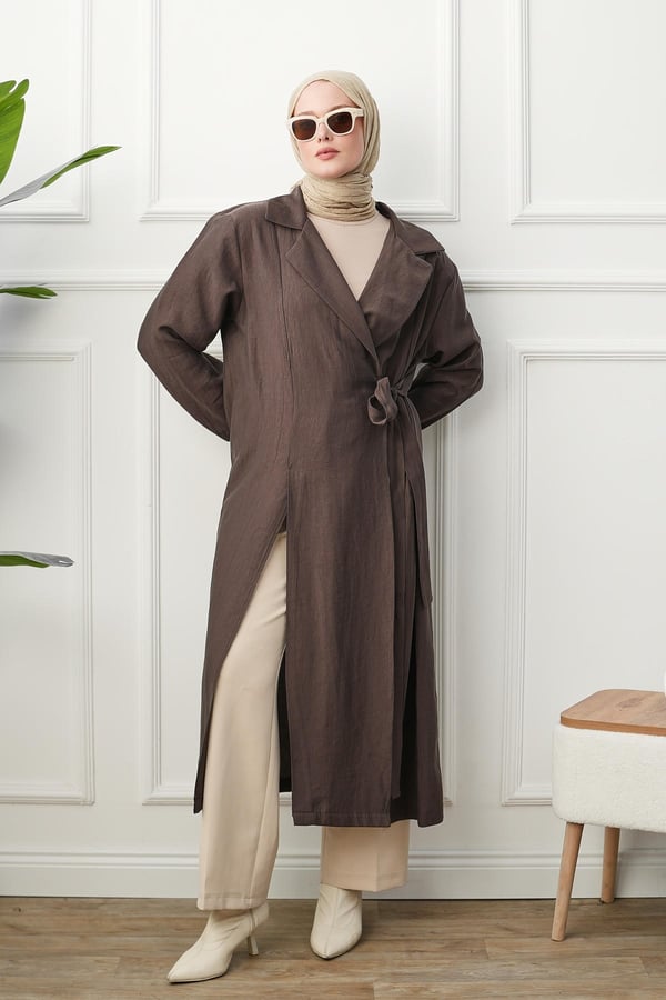 Gömlek Yaka Yırtmaçlı Kimono Kap - Kahverengi kadın giyim ürün görseli Arzestore