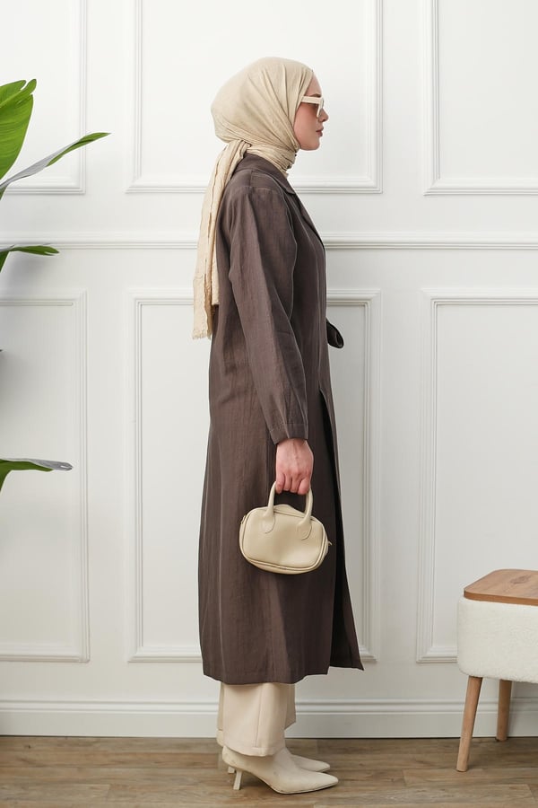 Gömlek Yaka Yırtmaçlı Kimono Kap - Kahverengi kadın giyim ürün görseli Arzestore