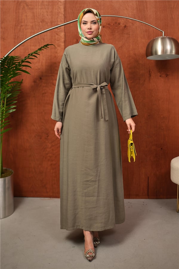 Haki Kuşaklı Oversize Tesettür Elbise kadın giyim ürün görseli Arzestore