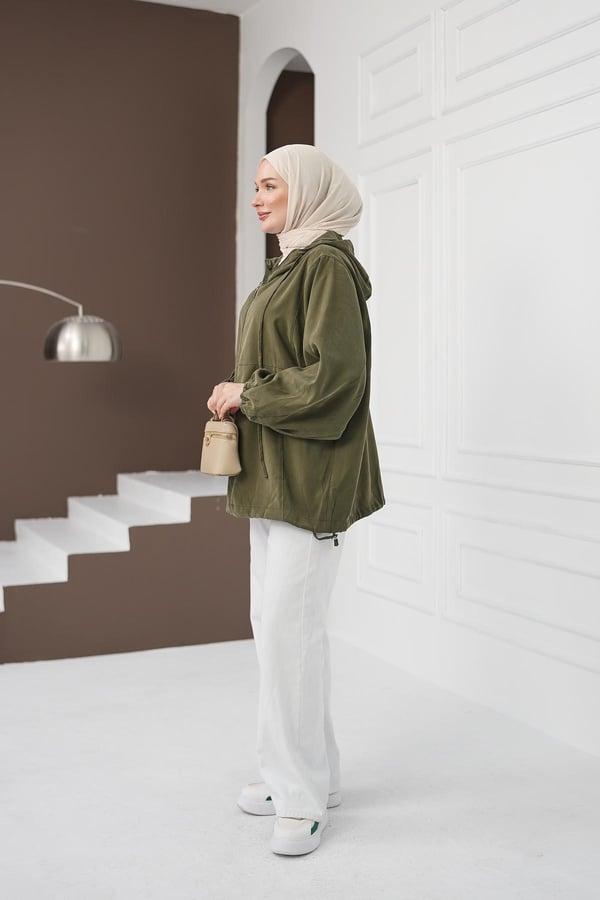 Kapüşonlu Fermuarlı Tencel Ceket - Haki kadın giyim ürün görseli Arzestore