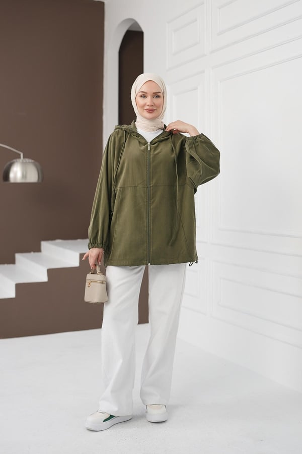 Kapüşonlu Fermuarlı Tencel Ceket - Haki kadın giyim ürün görseli Arzestore