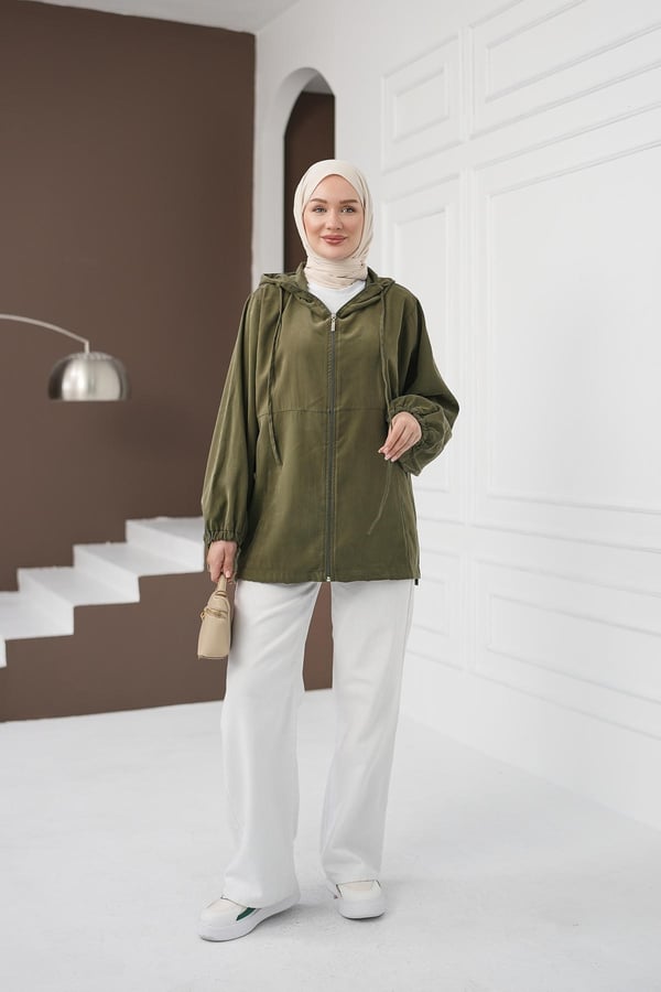 Kapüşonlu Fermuarlı Tencel Ceket - Haki kadın giyim ürün görseli Arzestore