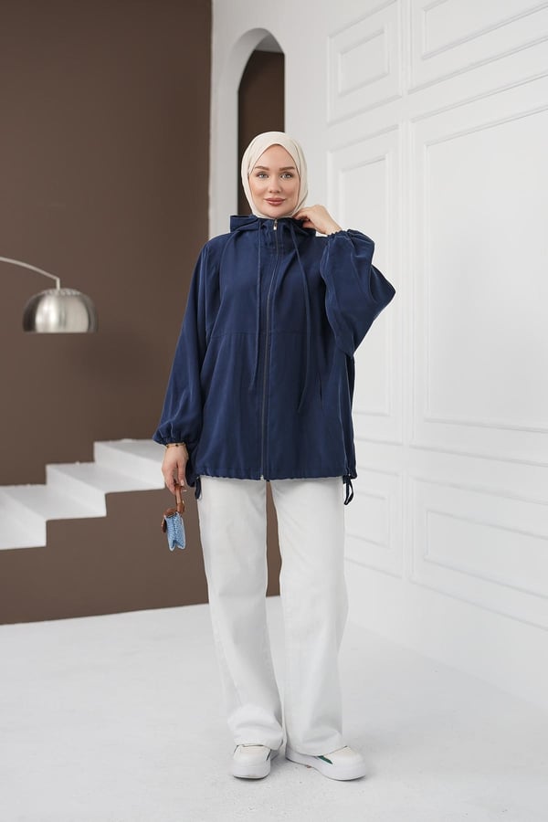 Kapüşonlu Fermuarlı Tencel Ceket - Lacivert kadın giyim ürün görseli Arzestore