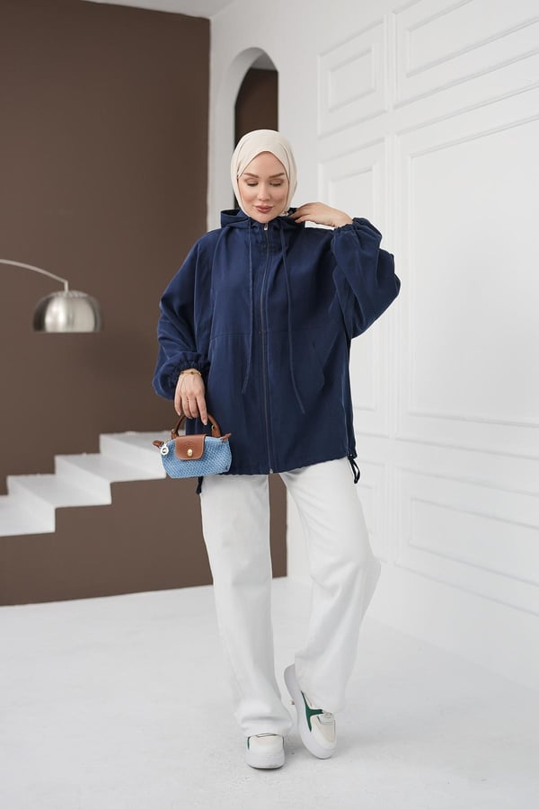 Kapüşonlu Fermuarlı Tencel Ceket - Lacivert kadın giyim ürün görseli Arzestore