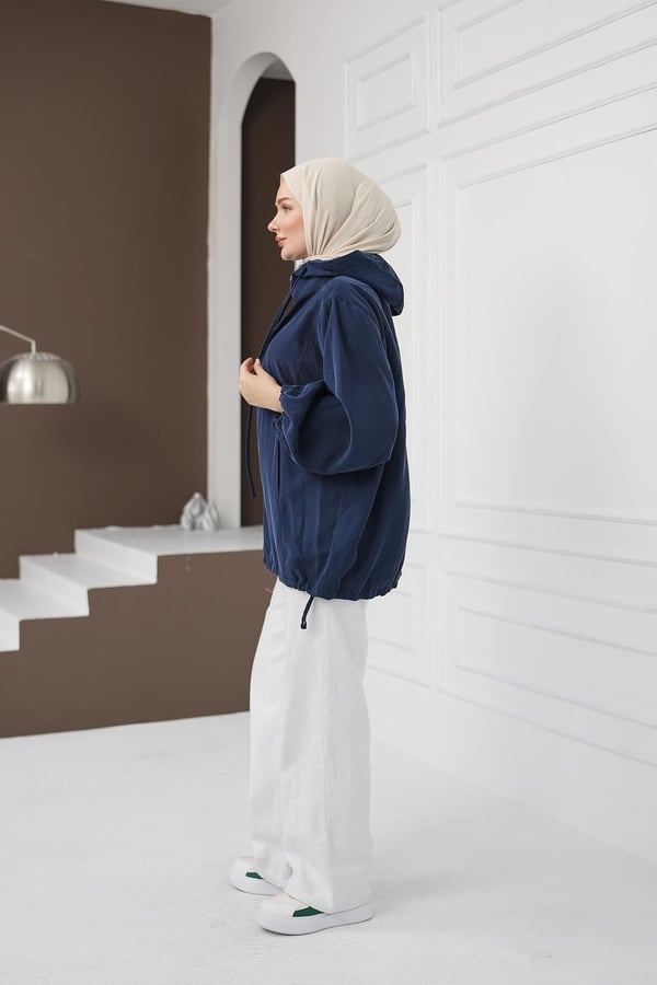 Kapüşonlu Fermuarlı Tencel Ceket - Lacivert kadın giyim ürün görseli Arzestore