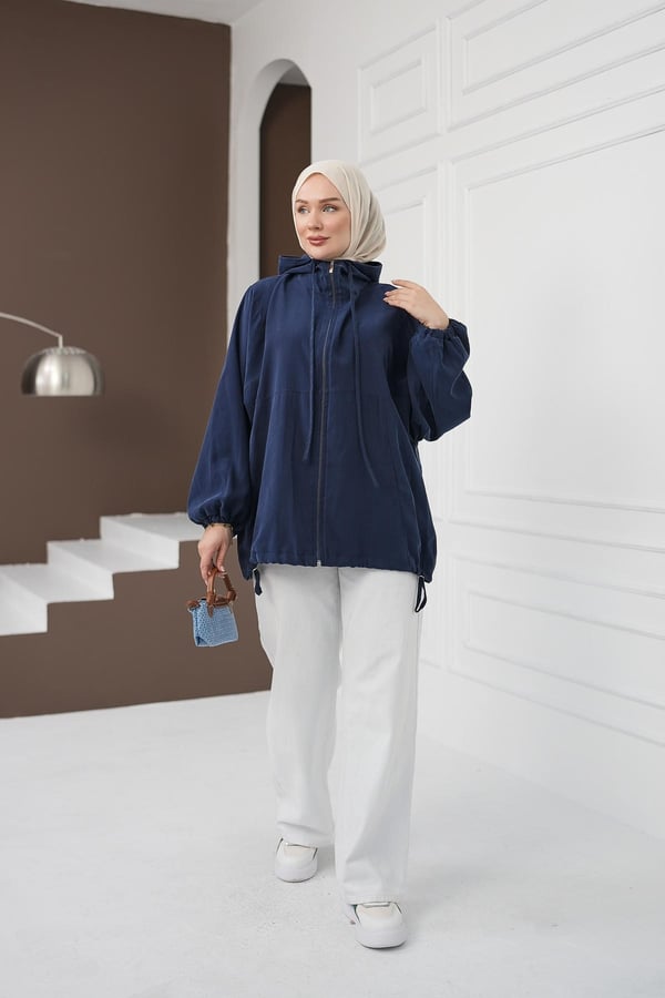 Kapüşonlu Fermuarlı Tencel Ceket - Lacivert kadın giyim ürün görseli Arzestore