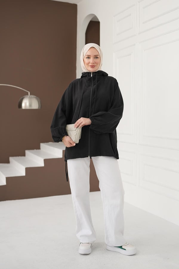 Kapüşonlu Fermuarlı Tencel Ceket - Siyah kadın giyim ürün görseli Arzestore