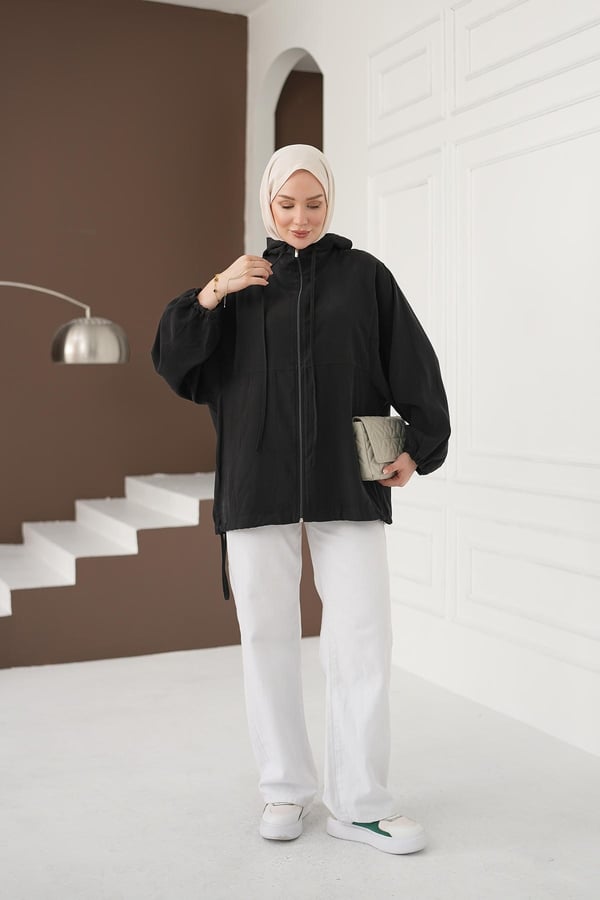 Kapüşonlu Fermuarlı Tencel Ceket - Siyah kadın giyim ürün görseli Arzestore