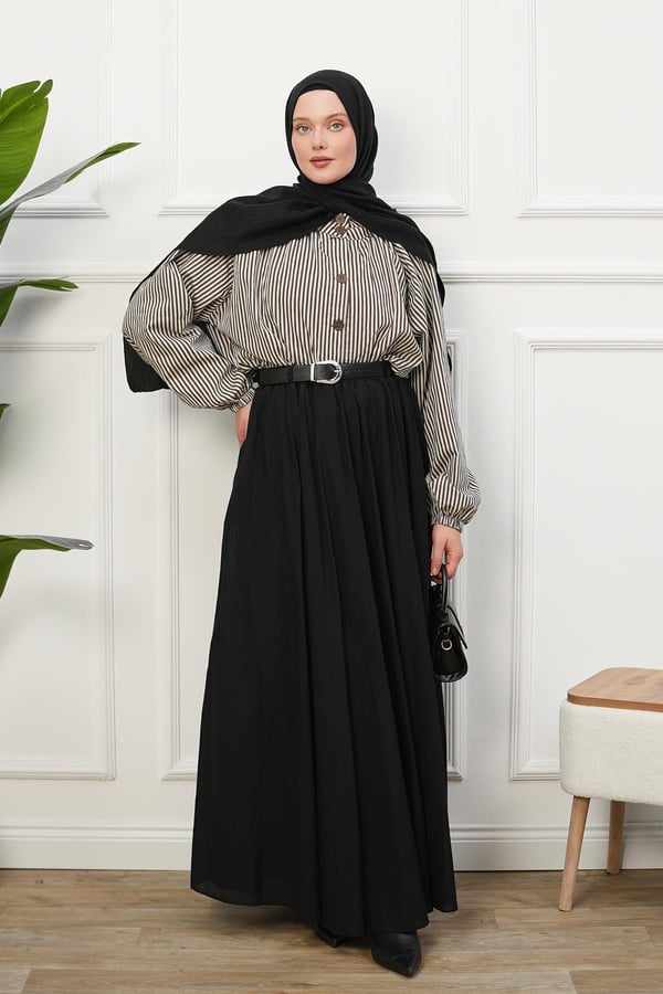 Kemerli Astarlı Vual Etek - Siyah kadın giyim ürün görseli Arzestore