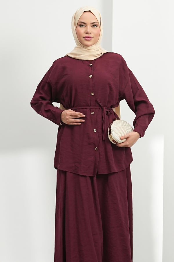 Kuşak Detaylı İkili Takım - Mürdüm kadın giyim ürün görseli Arzestore