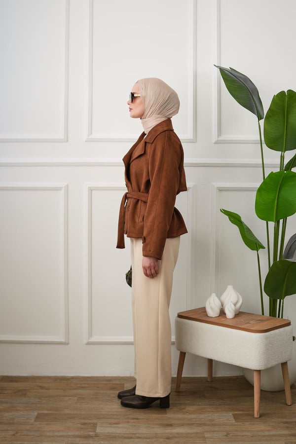 Kuşaklı Çift Düğmeli Süet Trençkot - Taba kadın giyim ürün görseli Arzestore