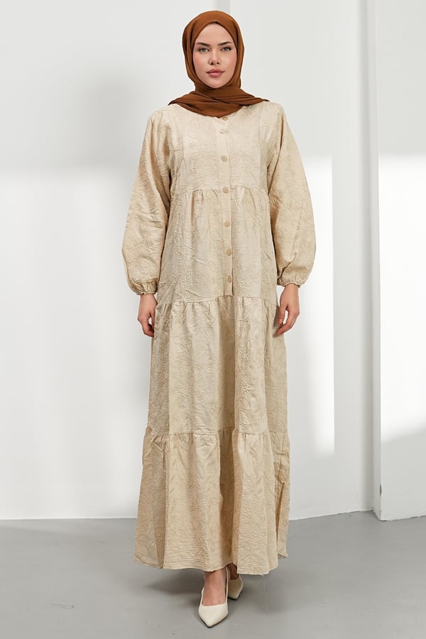 Nakışlı Kat Kat Elbise - Bej kadın giyim ürün görseli Arzestore