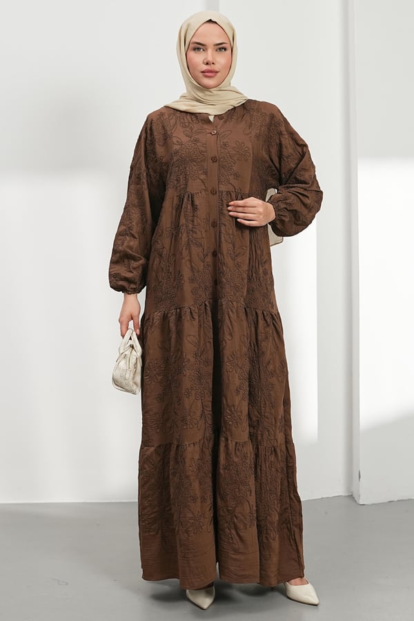 Nakışlı Kat Kat Elbise - Kahve kadın giyim ürün görseli Arzestore