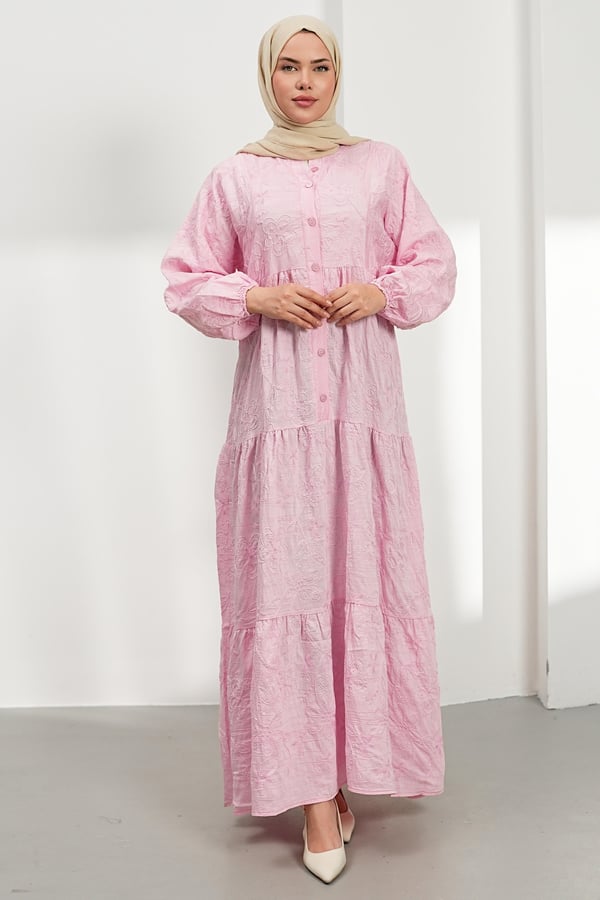 Nakışlı Kat Kat Elbise - Pembe kadın giyim ürün görseli Arzestore