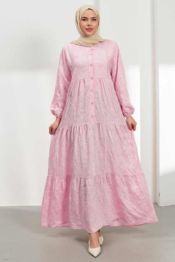 Nakışlı Kat Kat Elbise - Pembe kadın giyim ürün görseli Arzestore