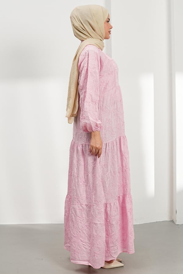 Nakışlı Kat Kat Elbise - Pembe kadın giyim ürün görseli Arzestore