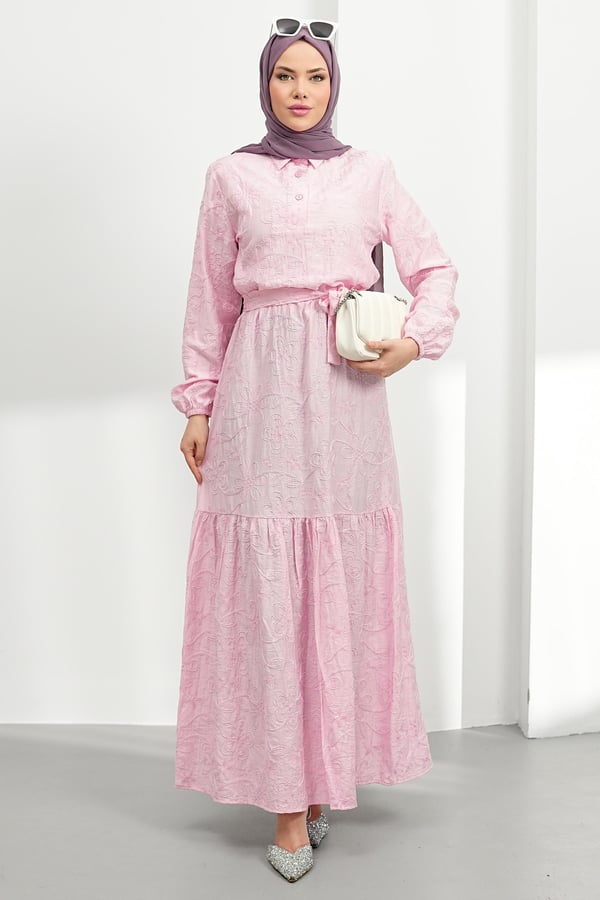 Nakışlı Kemer Detay Elbise - Pembe kadın giyim ürün görseli Arzestore