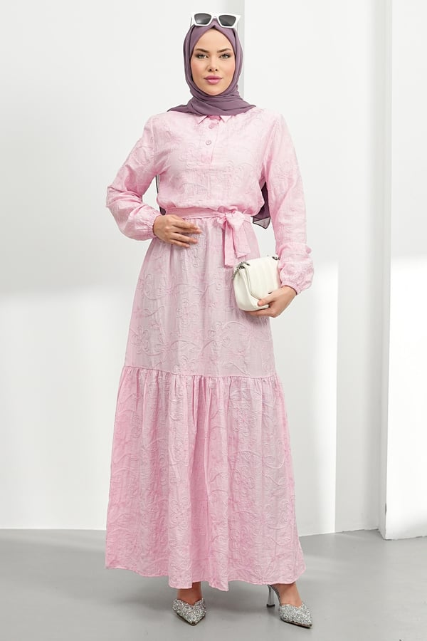 Nakışlı Kemer Detay Elbise - Pembe kadın giyim ürün görseli Arzestore