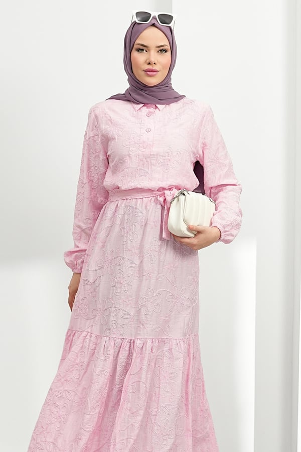 Nakışlı Kemer Detay Elbise - Pembe kadın giyim ürün görseli Arzestore